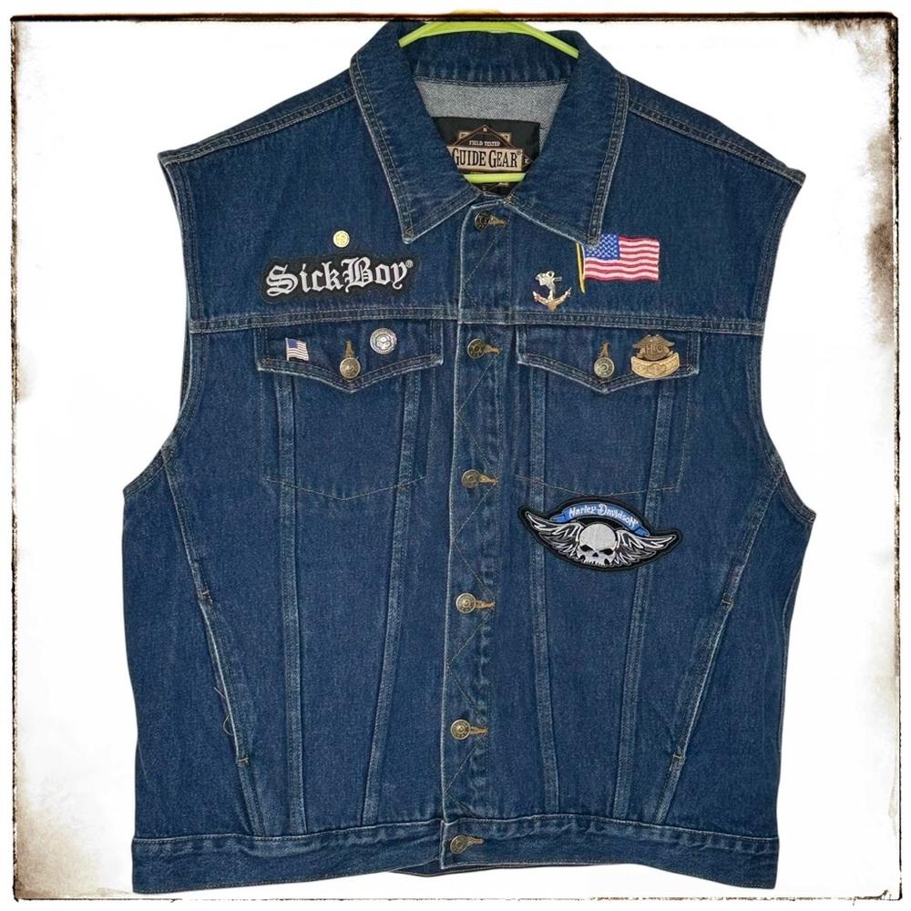 Guide Gear Vest XL Denim Blue Vintage Harley Davidson Patches & Pins